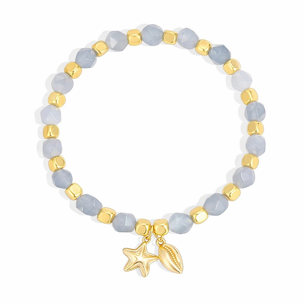 18K Gold Plated Aquamarine Beaded Charm Bracelet