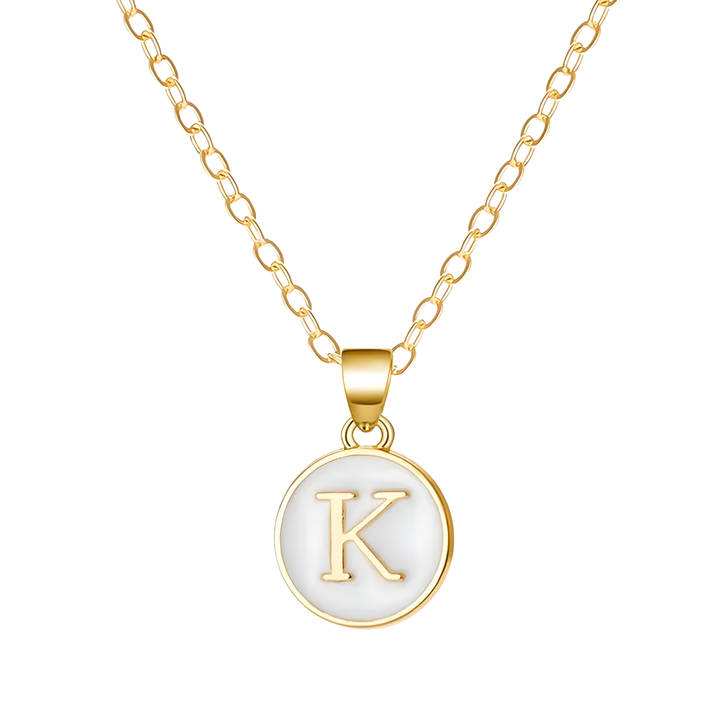 Gold Enamel Initial Disc Pendant Necklace