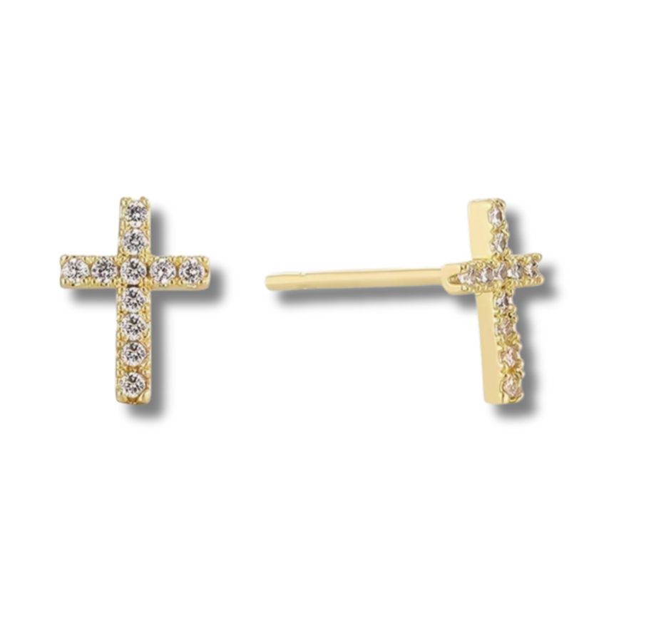14K Gold Pave Cross Jane Stud Earrings