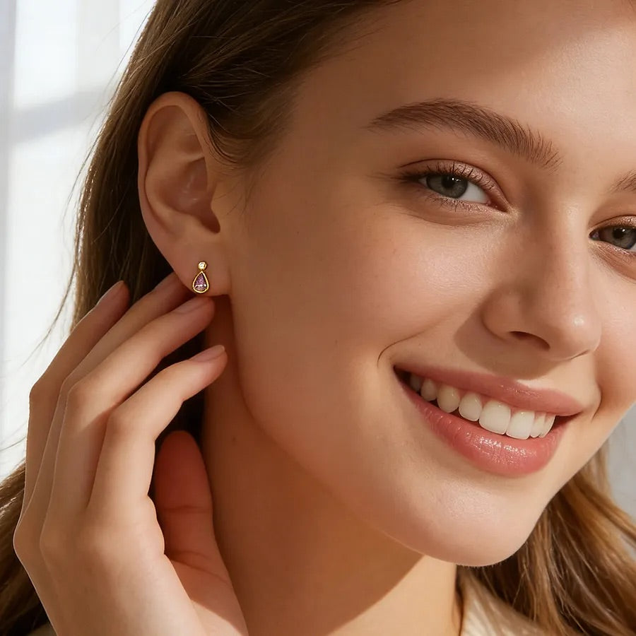 18K Gold Plated Purple Pear Drop Stud Earrings
