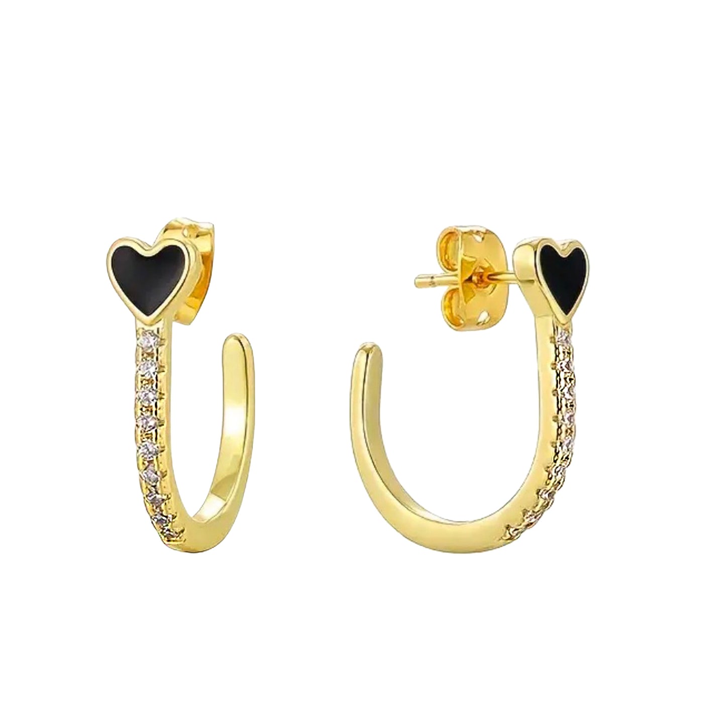 Gold Vermeil Dana Black Enamel Heart J-Hoop Earrings