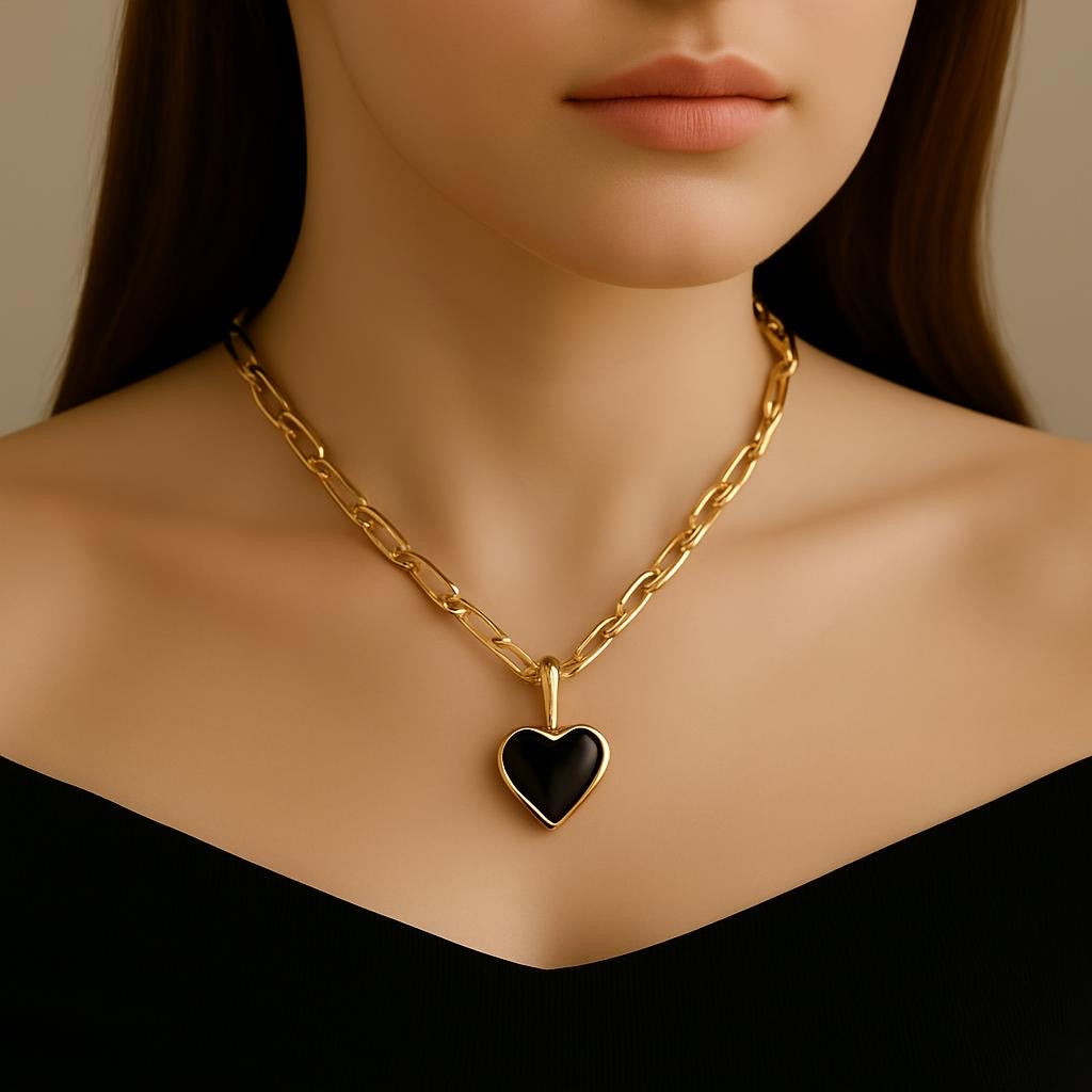 18K Vermeil Black Enamel Heart Necklace