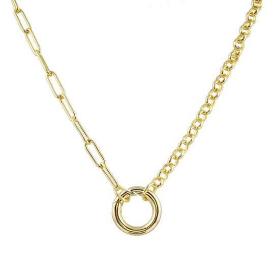 18K Push Clasp Rolo & Paperclip Chain Necklace