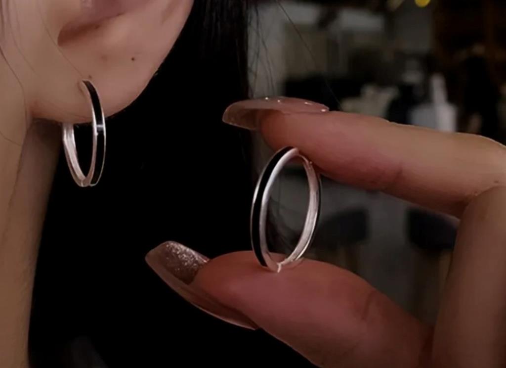 Sterling Silver & Black Enamel Gretchen Hoop Earrings