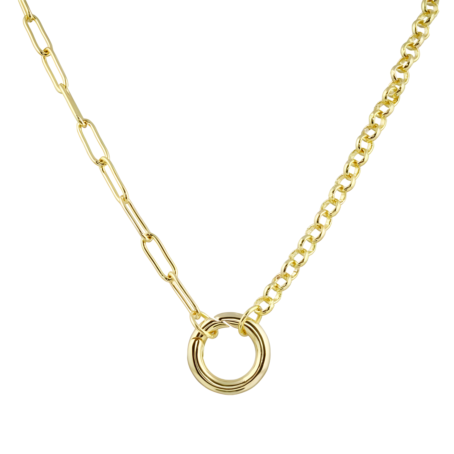 18K Push Clasp Rolo & Paperclip Chain Necklace