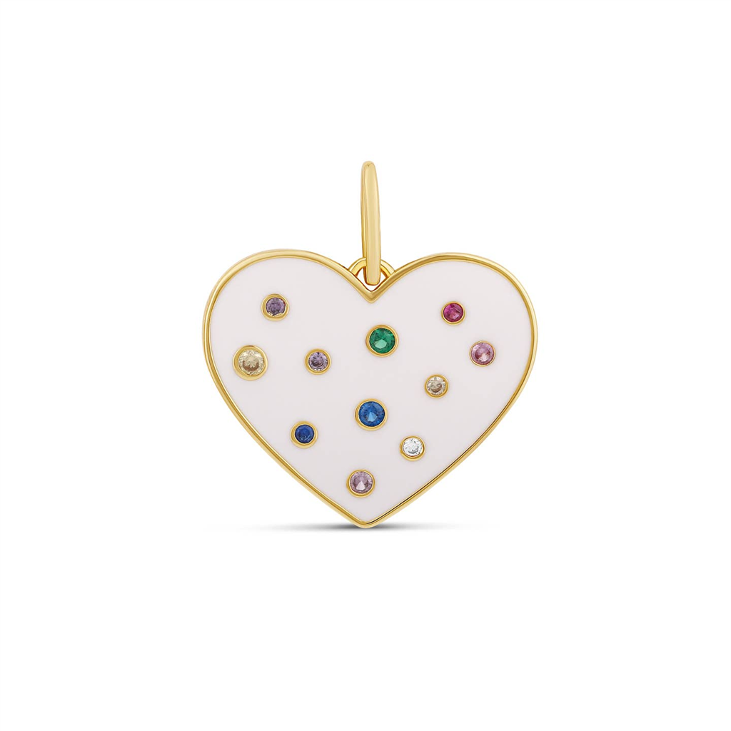 14K White Enamel & Colored Stones Heather Heart Pendant