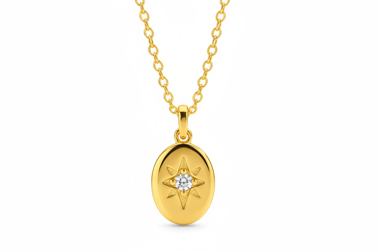18K Gold Plated Starburst Disc Pendant/ Neckalce