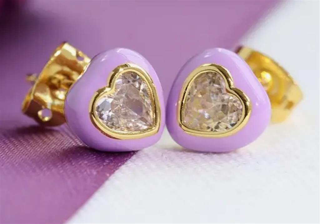 14K Vermeil & Lavendar Enamel Heart Earrings