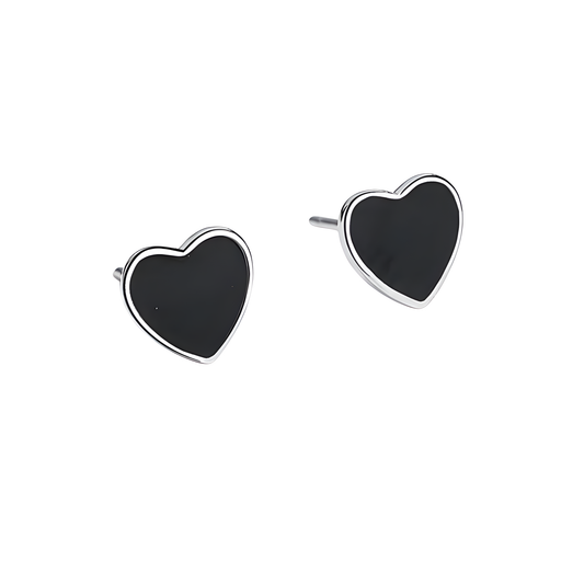 Sterling Silver Black Enamel Heart Earrings
