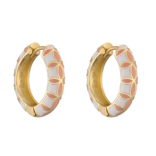 Gold Plated Coral/White Cari Spanish Enamel Huggie Earrings