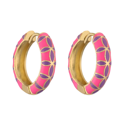 Gold Plated Pink/Purple Spanish Enamel Huggie Earrings