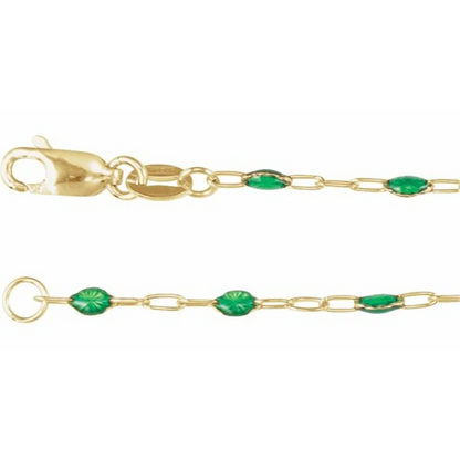 Gold Filled Green Enamel Paperclip Chain Necklace