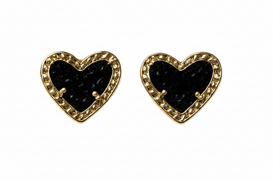 Gold Plated Black Enamel Puffy Heart Earrings