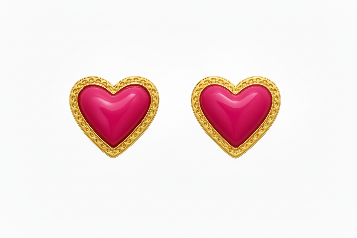 Gold Plated Pink Enamel Puffy Heart Earrings