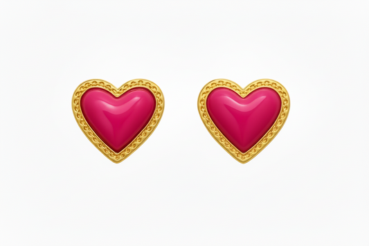 Gold Plated Pink Enamel Puffy Heart Earrings