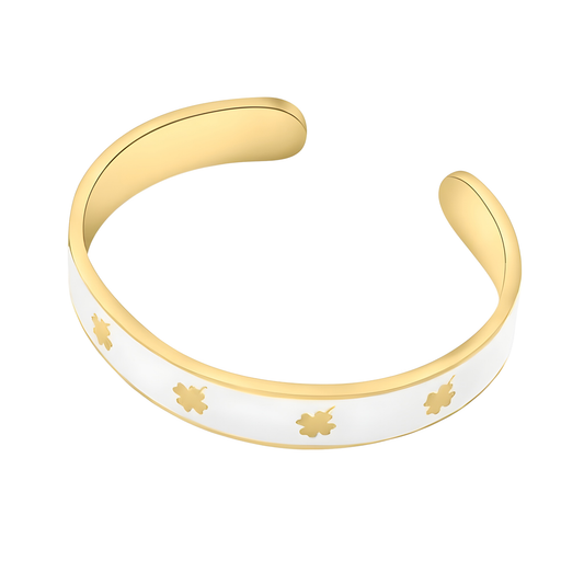 Gold & White Enamel Rhoda Clover Cuff Bracelet (Large)