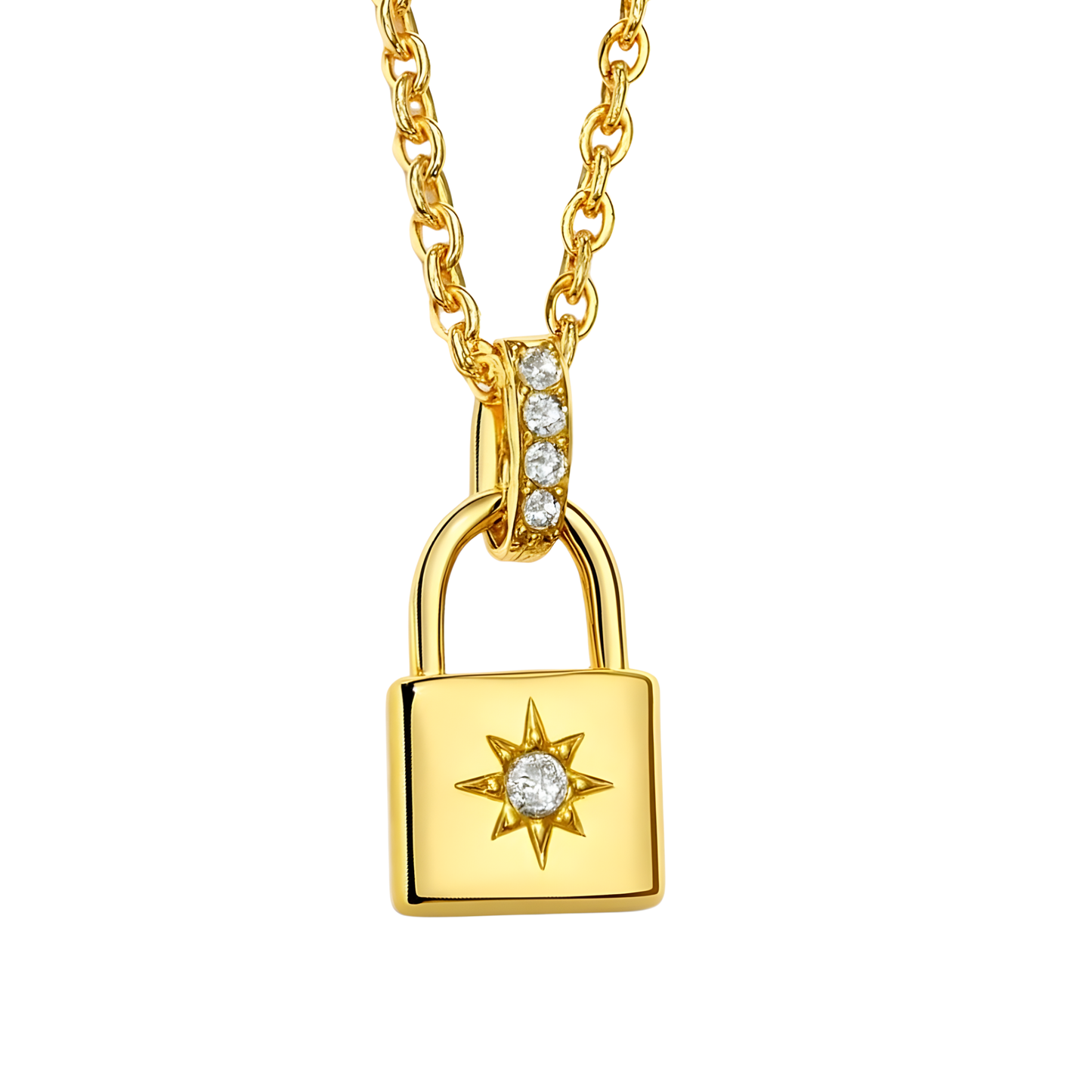 Gold Plated Stacey North Star Pave Lock Necklace