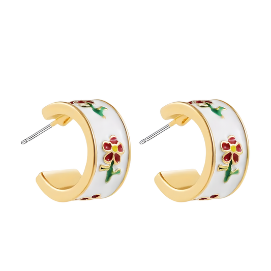White Enamel Parisian Emmie Flower Huggie Hoop Earrings