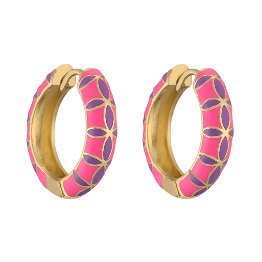 Gold Plated Hot Pink/White Cari Spanish Enamel Huggie Earrings