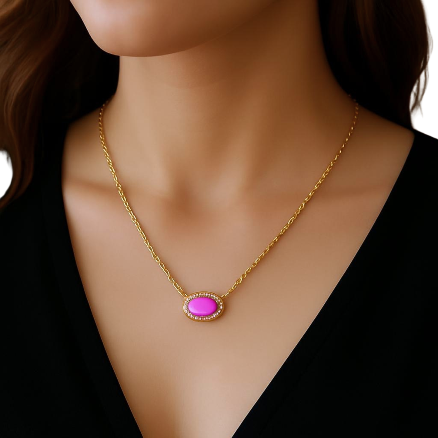 Gold Plated Pink Enamel Presley Halo Necklace