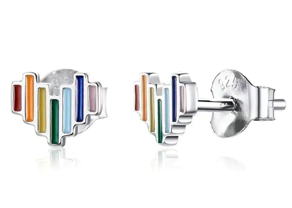 Sterling Silver Enamel Rainbow Heart Stud Earrings
