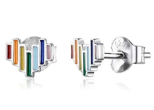 Sterling Silver Enamel Rainbow Heart Stud Earrings