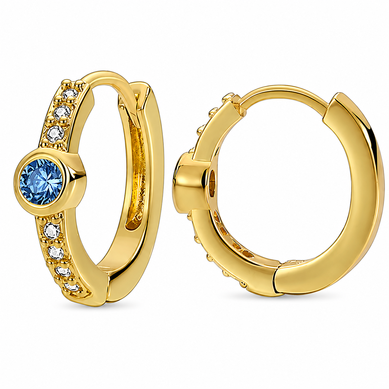 18K Gold Blue Pavé Bezel Set Huggie Earrings