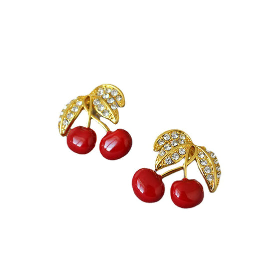Gold Plated Cherry Enamel Stud Earrings