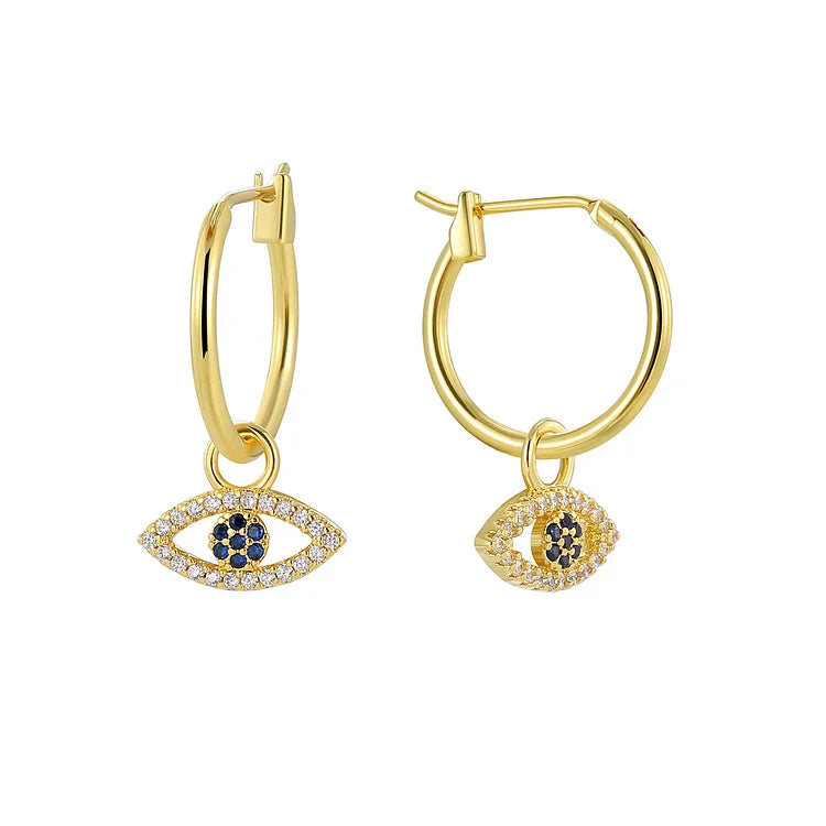 18K Gold Plated Evil Eye Charm Hoop Earrings