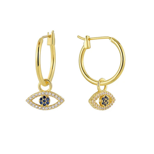 18K Gold Plated Evil Eye Charm Hoop Earrings