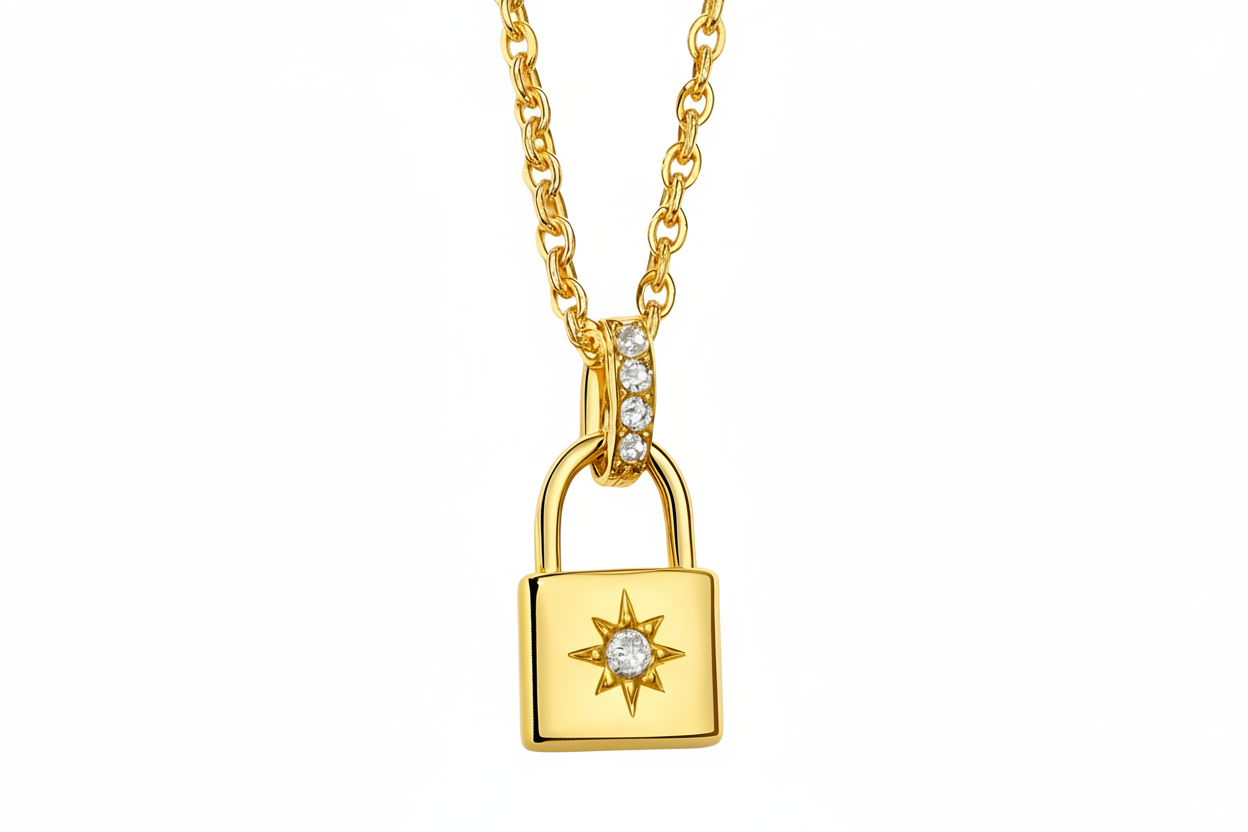Gold Plated Rebecca North Star Pave Lock Necklace