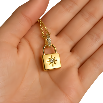 Gold Plated Rebecca North Star Pave Lock Necklace