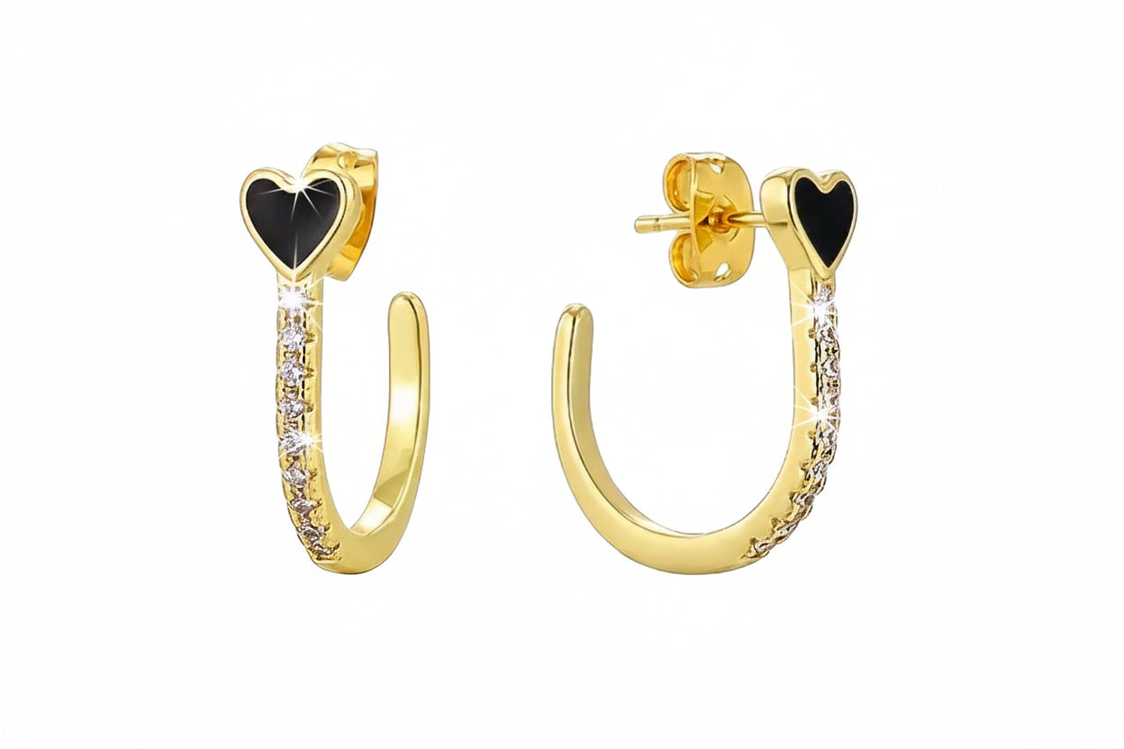 Gold Vermeil Dana Black  Heart J-Hoop Earrings