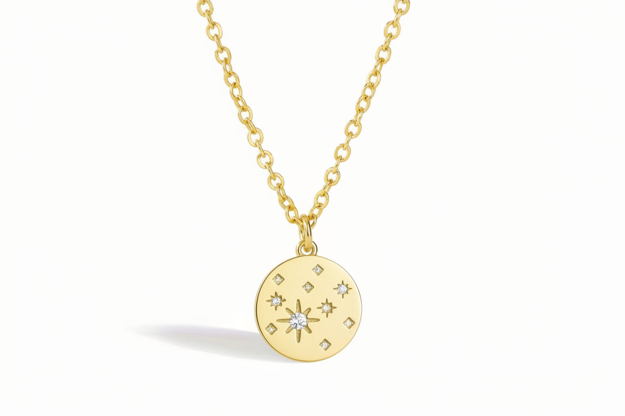 Gold Plated Starburst Celestial Disc Pendant/ Necklace