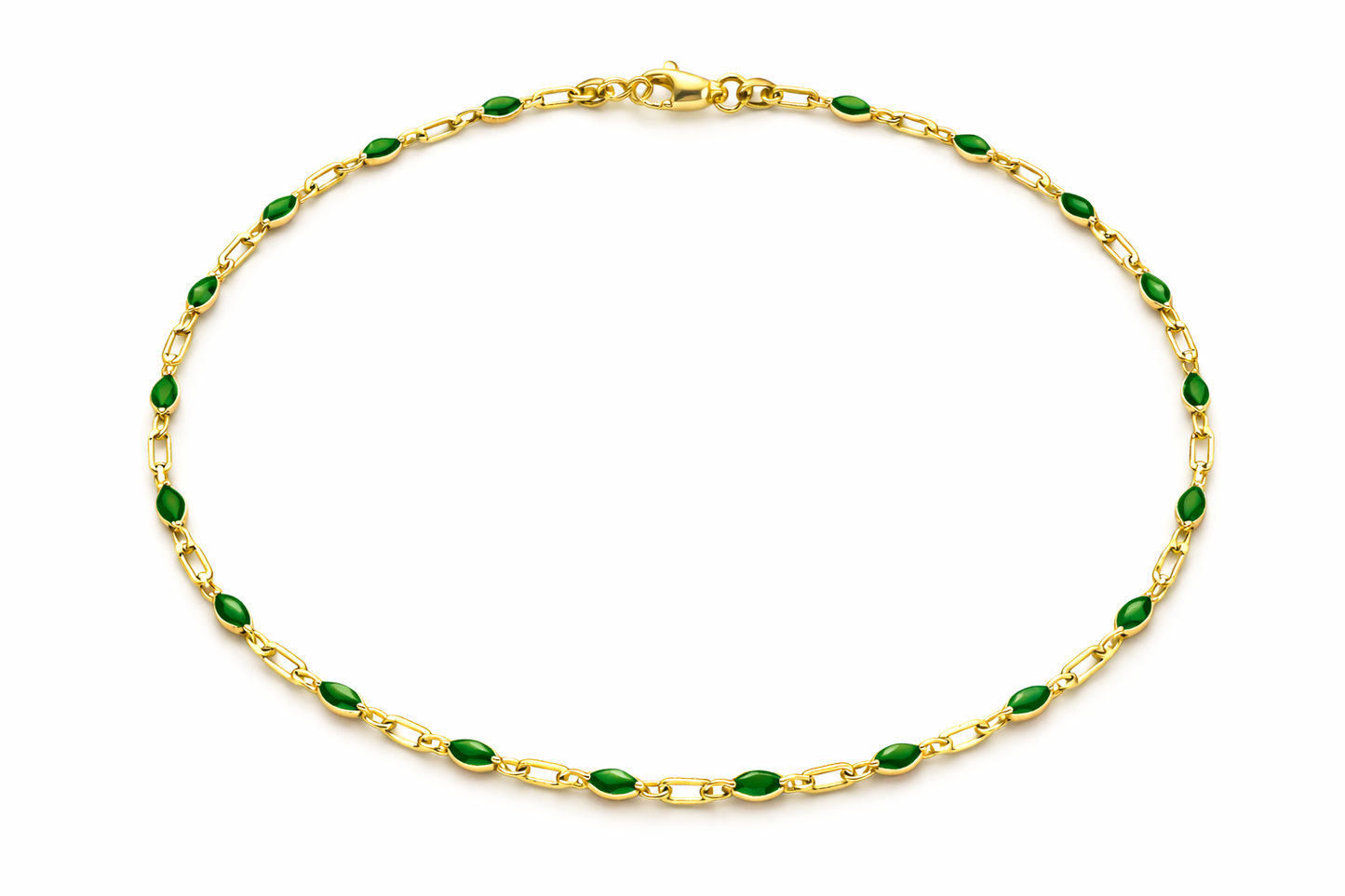 Gold Filled Green Enamel Paperclip Chain Bracelet
