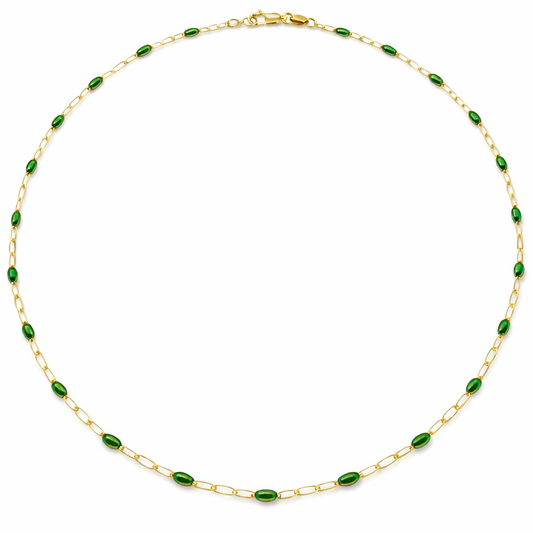 Gold Filled Green Enamel Paperclip Chain Necklace