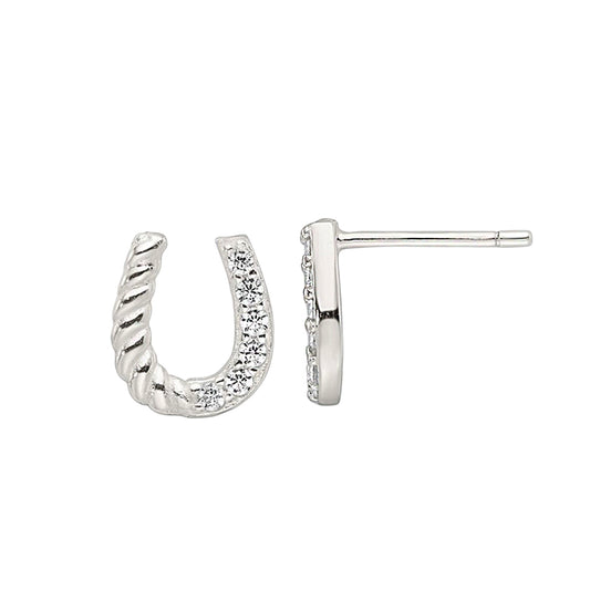 Sterling Silver Horseshoe Pavé Embossed Stud Earrings