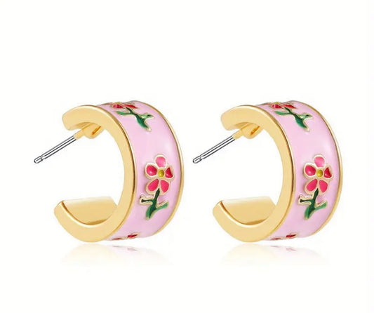 Enamel Parisian Emmie Flower Huggie Hoop Earrings Pink