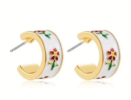 Enamel Parisian Flower Huggie Hoop Earrings