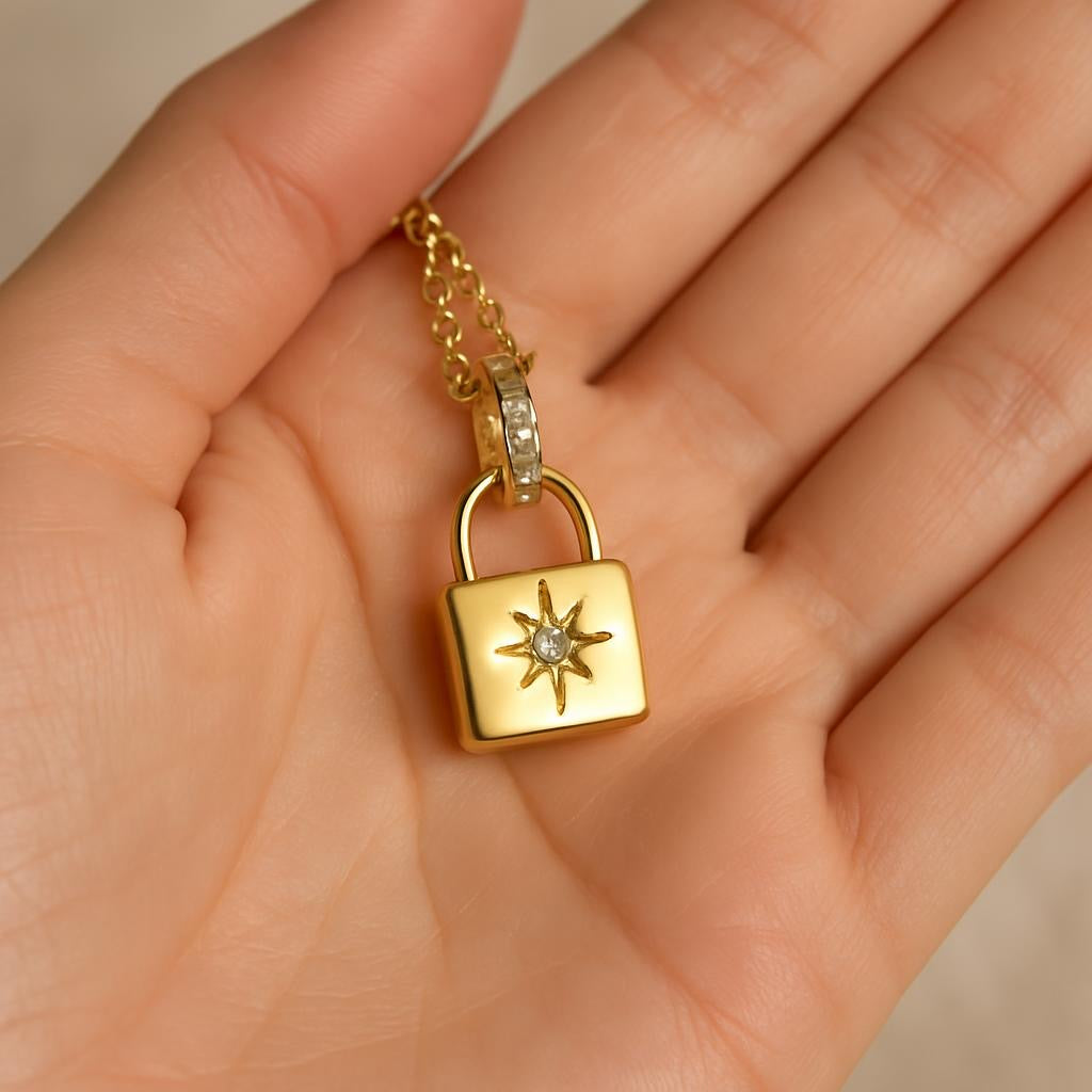 Gold Plated Stacey North Star Pave Lock Necklace