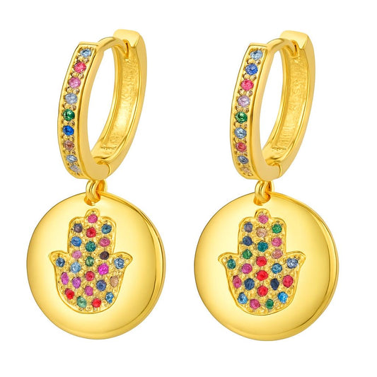 Multicolor Hamsa Disc Drop Earrings