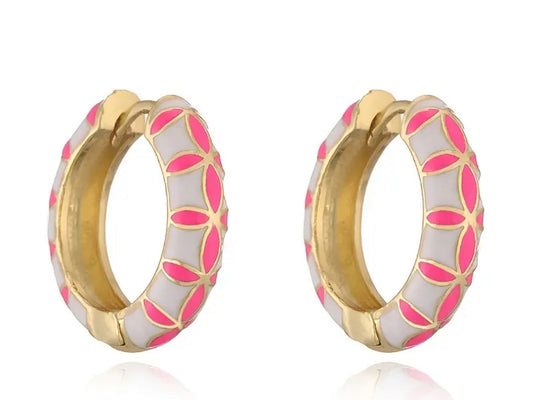 Gold Plated Hot Pink/White Cari Spanish Enamel Huggie Earrings
