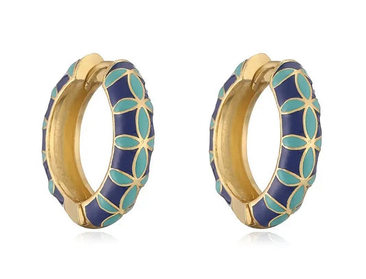 Gold Plated Navy & Aqua Cari Spanish Enamel Huggie Earrings