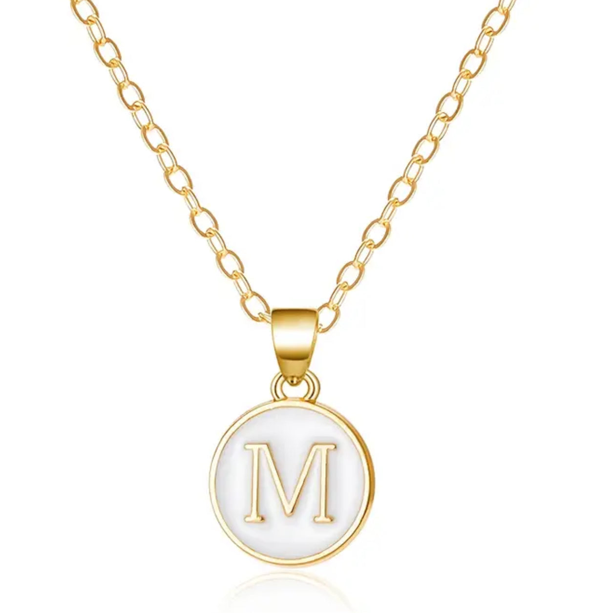 Gold Enamel Initial Disc Pendant Necklace