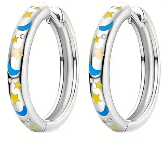 Sterling Silver Serena Moon & Star Glow Hoop Earrings