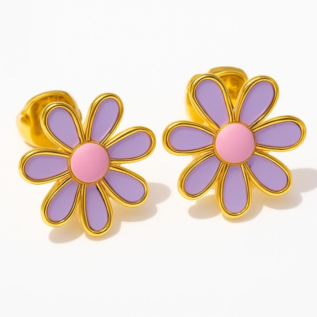 Pink Daisy Enamel Trixie Stud Earrings