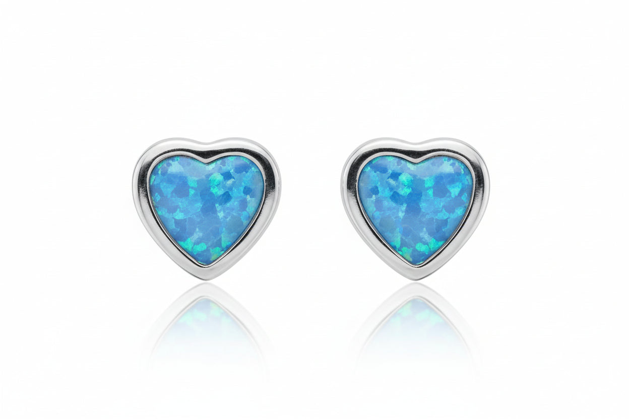 Sterling Silver Opal Heart Stud Earrings