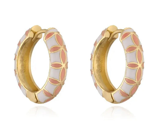 Gold Plated Coral/White Cari Spanish Enamel Huggie Earrings