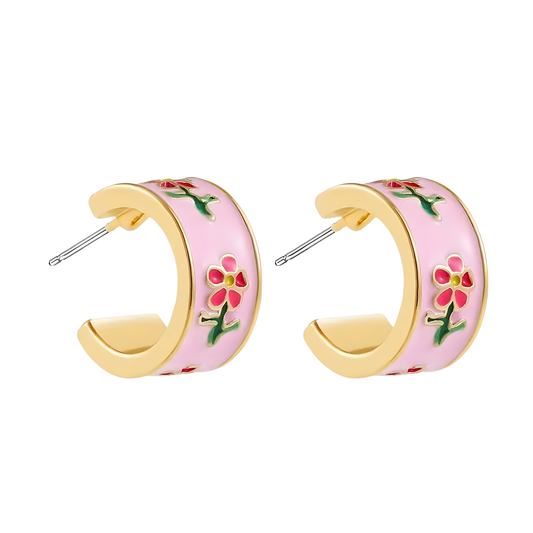 Pink Enamel Parisian Emmie Flower Huggie Hoop Earrings