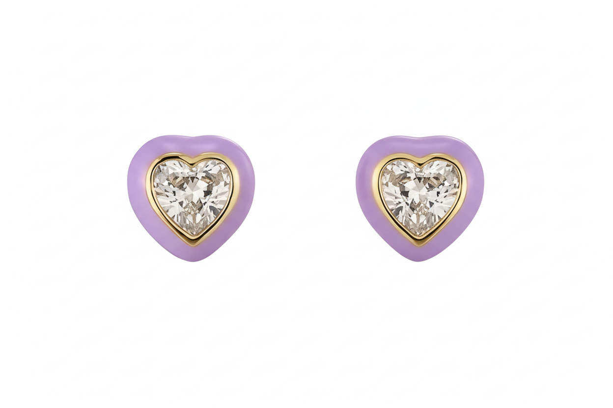 Gold Vermeil Lavendar Enamel Heart Earrings